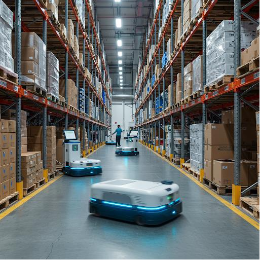 Autonomous robots navigating warehouse aisles with stacked shelves
