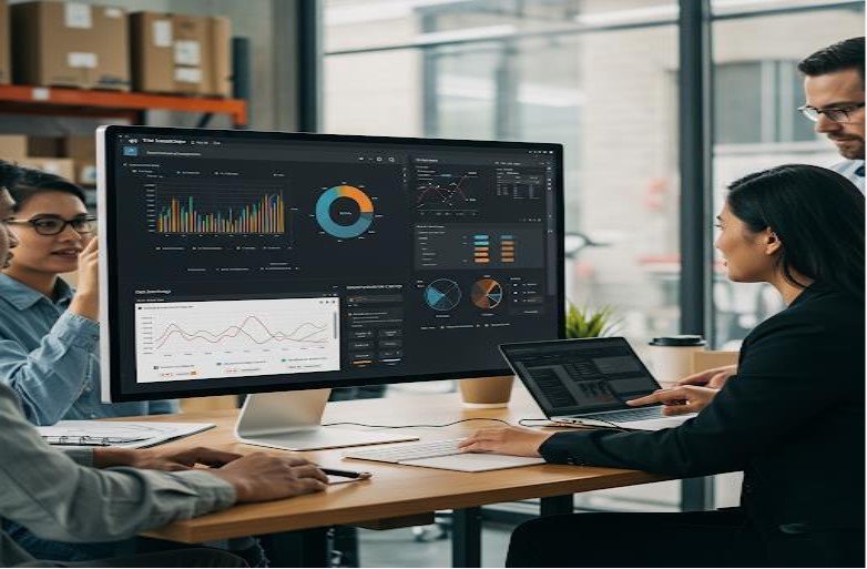 Team collaborating around screen with business analytics dashboards