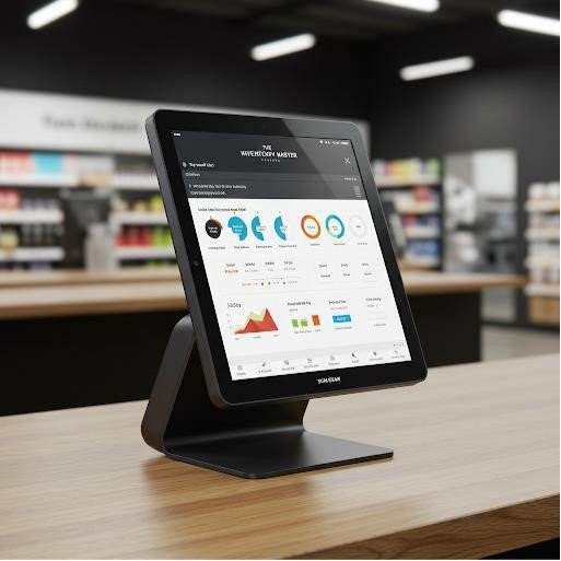 POS system displaying inventory software dashboard on tablet in a retail store.