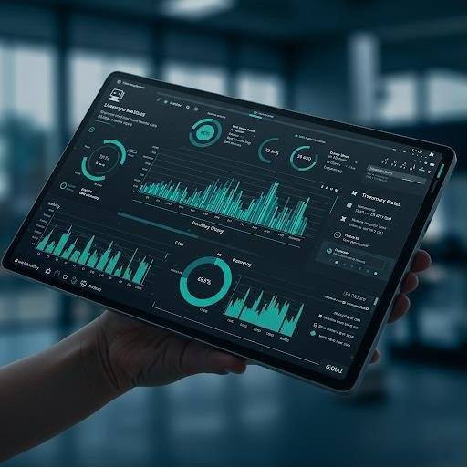 Tablet showing dark-themed dashboard with inventory and usage charts